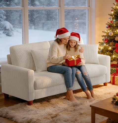 Kidirect Cord Sofa 3 Sitzer, 178CM Bequemes Couch 53CM Extra Tiefe Sitze, Sofa Wohnzimmer Werkzeugfreie Montage, Big Sofa Couch mit 2 Kissen, Modernes Couch fürs Büro, Schlafzimmer Sofas Beige