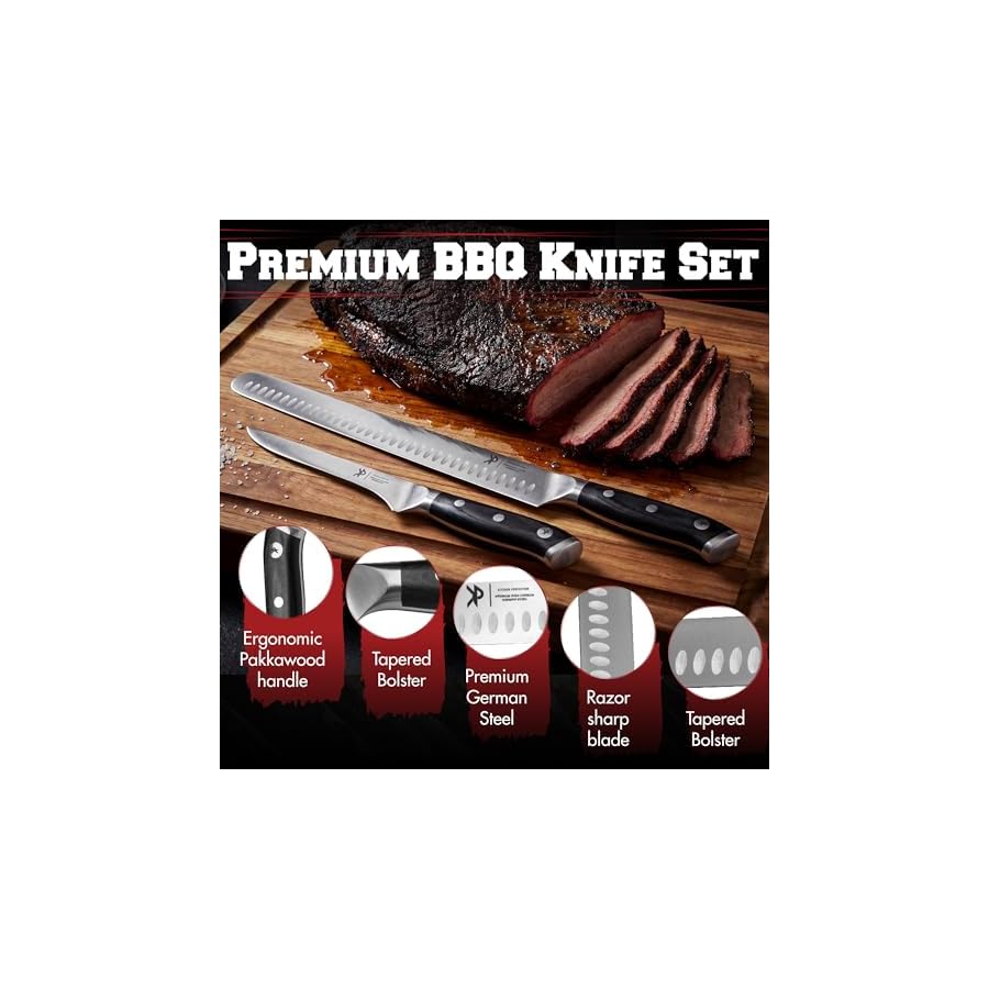 Kitchen perfection BBQ Carving Set for Meat -12” Brisket Slicing Knife +6” Boning Knife with Sheaths - Razor Sharp, Premium German Steel, Full Tang Ergonomic Handles- Perfect Grilling Gifts for Men