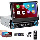 Single Din Touchscreen Apple Carplay Car Stereo,7 inch Motorized Flip Out Head Unit,Bluetooth 5.0 Mirror Link AHD Backup Camera Car Audio Receiver Support DSP FM/AM USB SD AUX in Subwoofer