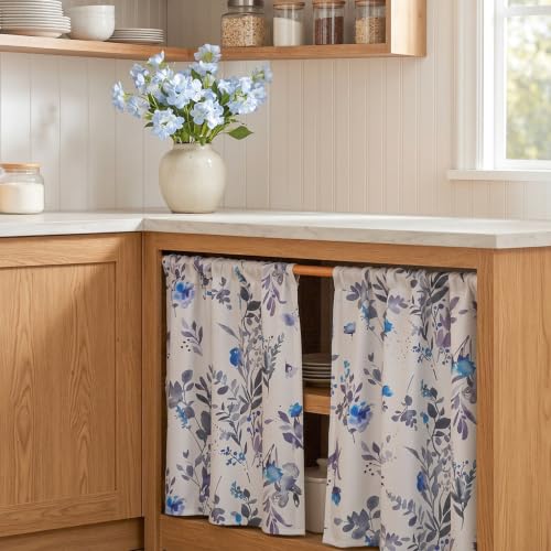 Image of MYSKY HOME Floral Kitchen Tier Cafe Curtains 24 Inch Length 2 Panels Privacy Small Window Treatments Rod Pocket for Bathroom Basement, Blue, 30 inch Wide Each Panel