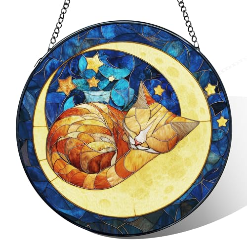 MORDMODUCK Orange Cat Moon Stained Glass Window Hanging, Blue Starry Suncatchers, Cottage Core Dream Sun Catchers Indoor Window Round Glass Wall Art Hanging Decorations, 7.9x7.9in