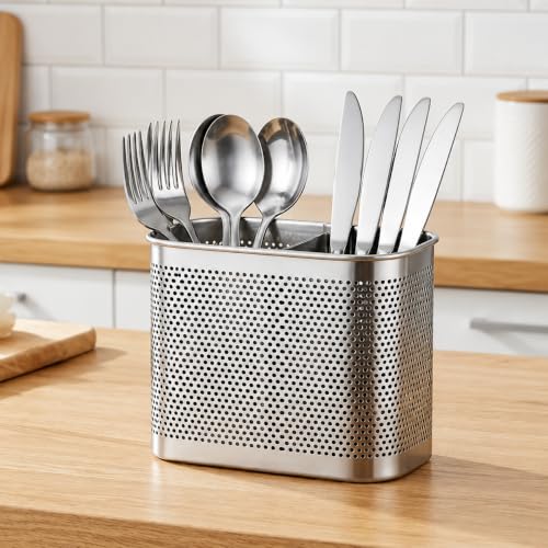 Image of Stainless Steel 2 Compartment Cutlery Holder for Kitchen Countertop | Self-Draining Utensil Organizer, Rust Resistant Perforated Storage Caddy for Spoons Forks, Knives, Chopsticks
