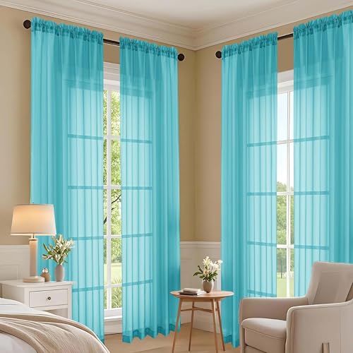 Image of OVZME Turquoise Bedroom Curtains 2 Panel Sets 96 Inch Length, 59 Inch Extra Wide Light Filtering Voile Drapes Light Airy Window Drapes for Patio Door Living Room Bedroom Dining, 59Wx96L Inches