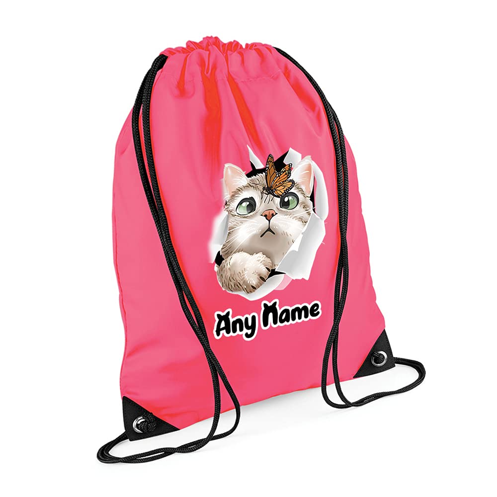 Personalised Butterfly on Cat face Hidden Cat Funny Kitten Cat Birthday Gift Drawstring Bag, PE Gym Kit, Swimming Rucksack. (Fluorescent Pink)