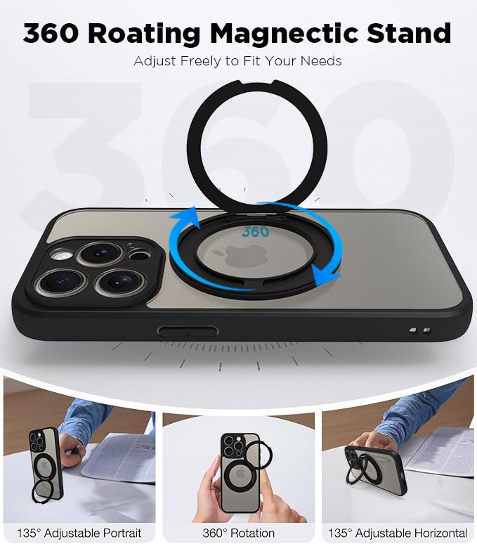 Image of RIGGEAR Shockproof Sleek Hybrid Armor 360 Rotating Magnetic Ring Stand Back Cover Case Compatible with MagSafe Accessories for iPhone 15 Pro (Clear PC + Black TPU Bumper)