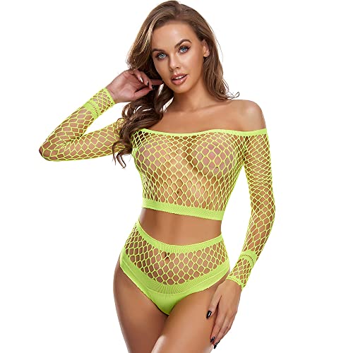 Fairydreamy Womens Sexy Lingerie Fishnet Hollow Out Bikini Sets Crop Top Panty Bodysuit Babydoll (Green)