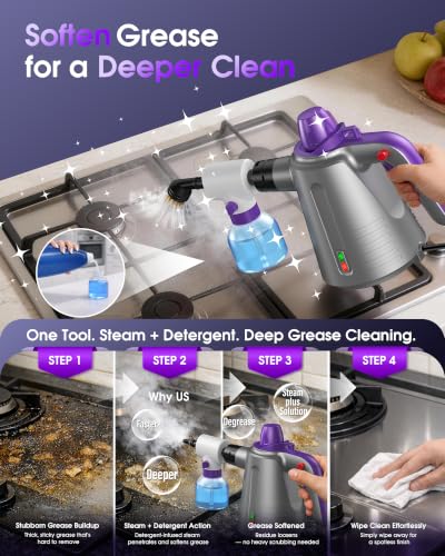 Image of Handheld Steam Cleaner for Home, Pressurized Steamer for Cleaning Couch Carpet Car Upholstery Mattress Furniture with 14 Accessories & Safety Lock, Small Container for Grease