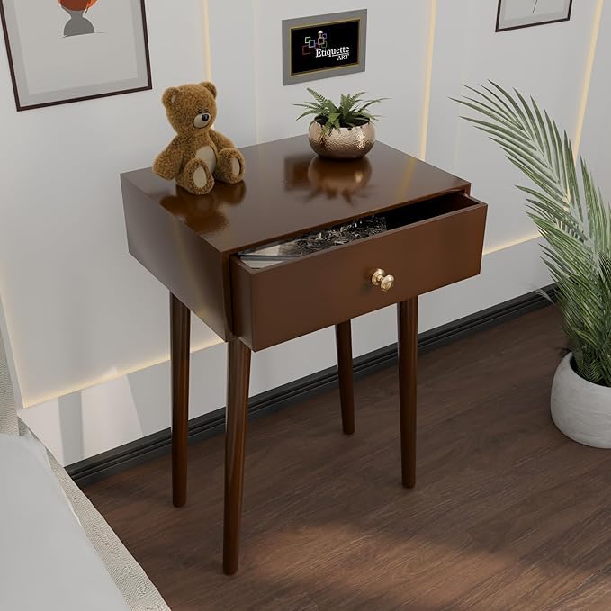 Image of Device Bas with BROWN ART SHOPPEE Nightstands End Side Table with Drawer and Solid Wood Legs, Bedside Table for Bedrooms, Century Modern Drawer Storage Cabinet for Living Room Furniture (Full Brown)