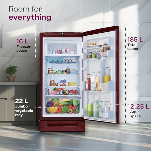 Image of Godrej 185L 4 Star Single Door Refrigerator with 24 Days Farm Freshness, Jumbo Vegetable Tray, Dry Storage Drawer, Advanced Inverter Technology & 5 Years Warranty (RD 195DN TDI MY WN, Mystic Wine)