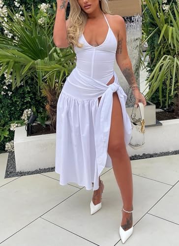 Image of Two Piece Skirt Set Women Sexy Halter Backless Bodysuit and Wrap Tied High Split Summer Maxi Skirt Set