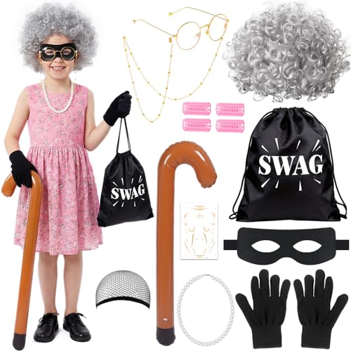 iZoeL Old Granny Costume Kids World Book Day Costumes Girls Old Lady Fancy Dress Grandma Bank Robber Outfit - Granny Wig Glasses Inflatable Cane Swag Bag School Dress Up Book Week