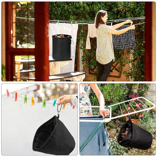 Aufhängbar Wäscheklammerbeutel, 15x20cm Schwarz Wäscheklammer Beutel mit Karabinern und Zugkordelverschluss, Wasserdicht Klammerbeutel für Fasst bis zu 100-150 Wäscheklammern