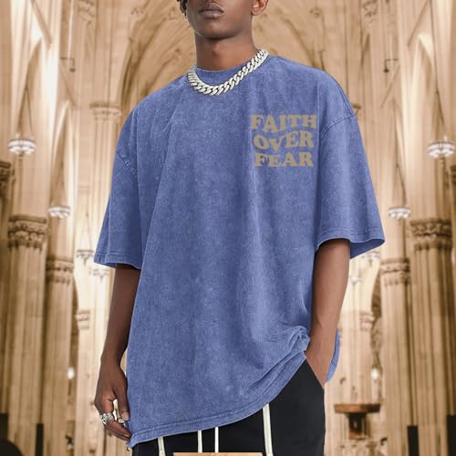 Image of Christian Shirts for Men Faith Over Fear Oversized Shirt Acid Wash Tshirt Graphic Religious T Shirt Bible Verse Tees