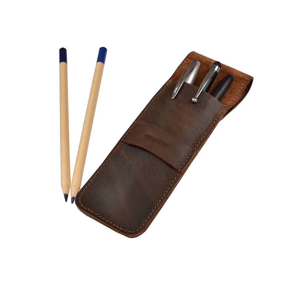 Hide & Drink, Pen Case Holder, Multi Pen Pouch, Protective Sleeve, Rustic Pouch, Office Essentials, Full Grain Leather, Handmade, Bourbon Brown