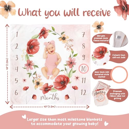 Image of KooKooBaby Monthly Baby Milestone Blanket, 47 inchx47 inch Premium Fleece Baby Milestone Blanket with Felt Marker, Floral Blush