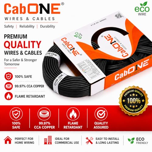Image of CabONE 0.75 SQ.MM FR PVC Insulated Copper Electrical Wire, 90 Meter (Black, Pack of 2) | ISI Marked Fire Retardant Single Core Cable for Home Wiring
