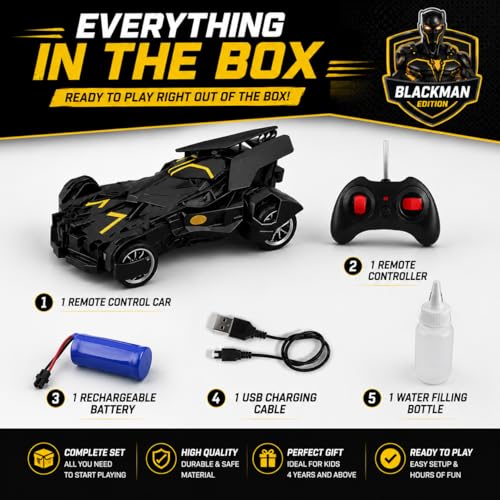 Image of The Flyers Bay Remote Control Car for Kids with Mist Spray Action, Flashing LED Lights, 10ft Control Range, Rechargeable RC Toy Car for Boys & Girls Age 4+ (Batman Smoke Car)