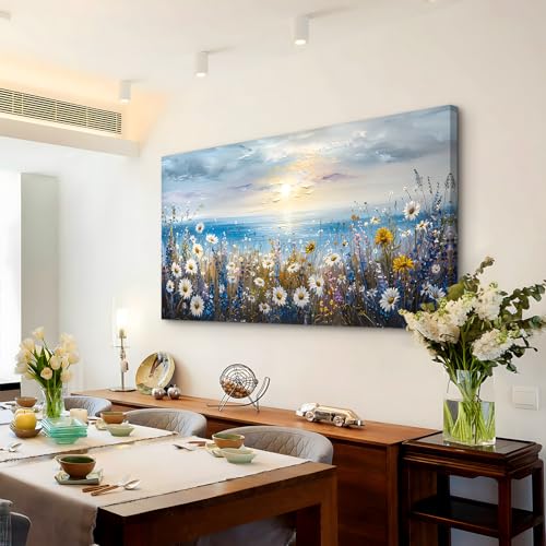 crmotu Beach Wildflower Landscape Wall Art, Seaside Sunset Extra Large Wall Decor, Daisy Floral Botanical Canvas Prints, Modern Rustic House Decorations Living Room Dining Room Farmhouse 30X60 In