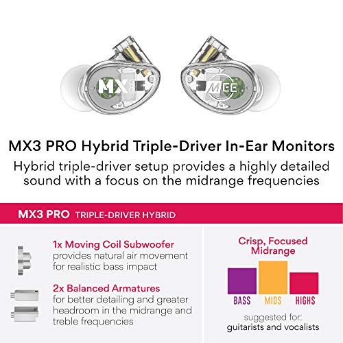 Image of MEE audio Professional MX3 PRO Triple-Driver Hybrid Musician's in Ear Monitor Headphones with Enhanced Midrange and Warm Tonality, Noise Isolating Earphones with Detachable Cables, Transparent