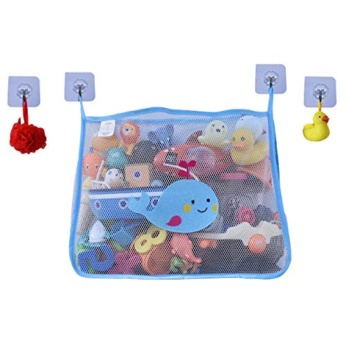 COSY ANGEL Filet de Rangement Salle de Bain Jouet de Stockage Sac à Jouet du Bain avec 4 Crochets Robustes Auto-Adhésifs. (Bleu)