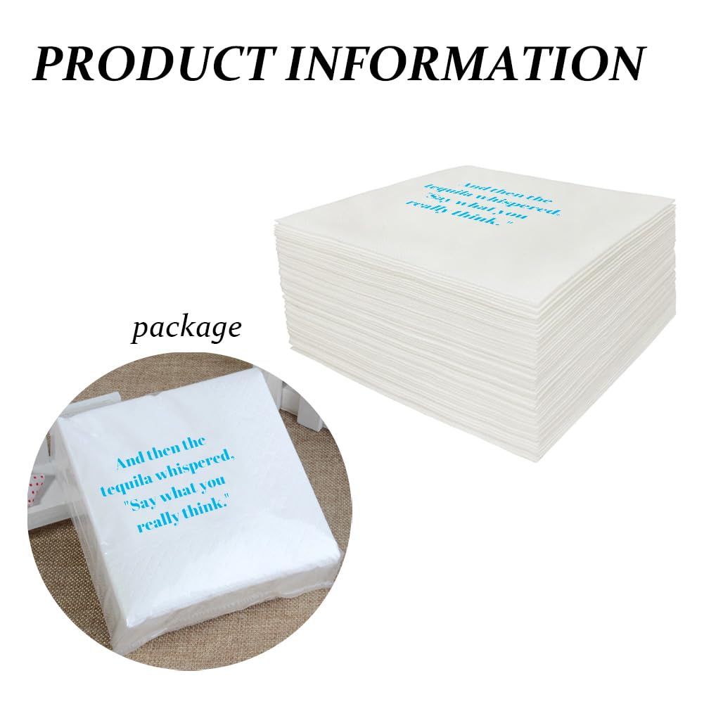 Divertidas servilletas de cóctel, 100 unidades, con citas divertidas que dicen servilletas de papel desechables para fiesta, 4.5 x 4.5 pulgadas, dos capas (And Then The Tequila Whispered, Say