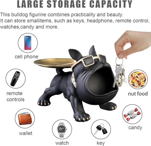 Image of Cool Bulldog Key Bowl & Accessory Tray - Matte Black & Gold Resin Dog Sculpture Multifunctional Organizer Showpiece for Keys Watches & Candy (Black & Gold, Dog with Tail Plate)