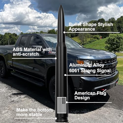 Image of Car Truck Bullet Antenna with Tire Valve Caps American Flag Universal Short Replacement for GMC Sierra Chevy Silverado Dodge Ram 1500 2500 3500 Ford F150 F250 F350 Super Duty Raptor, Matte Black, 7 inch
