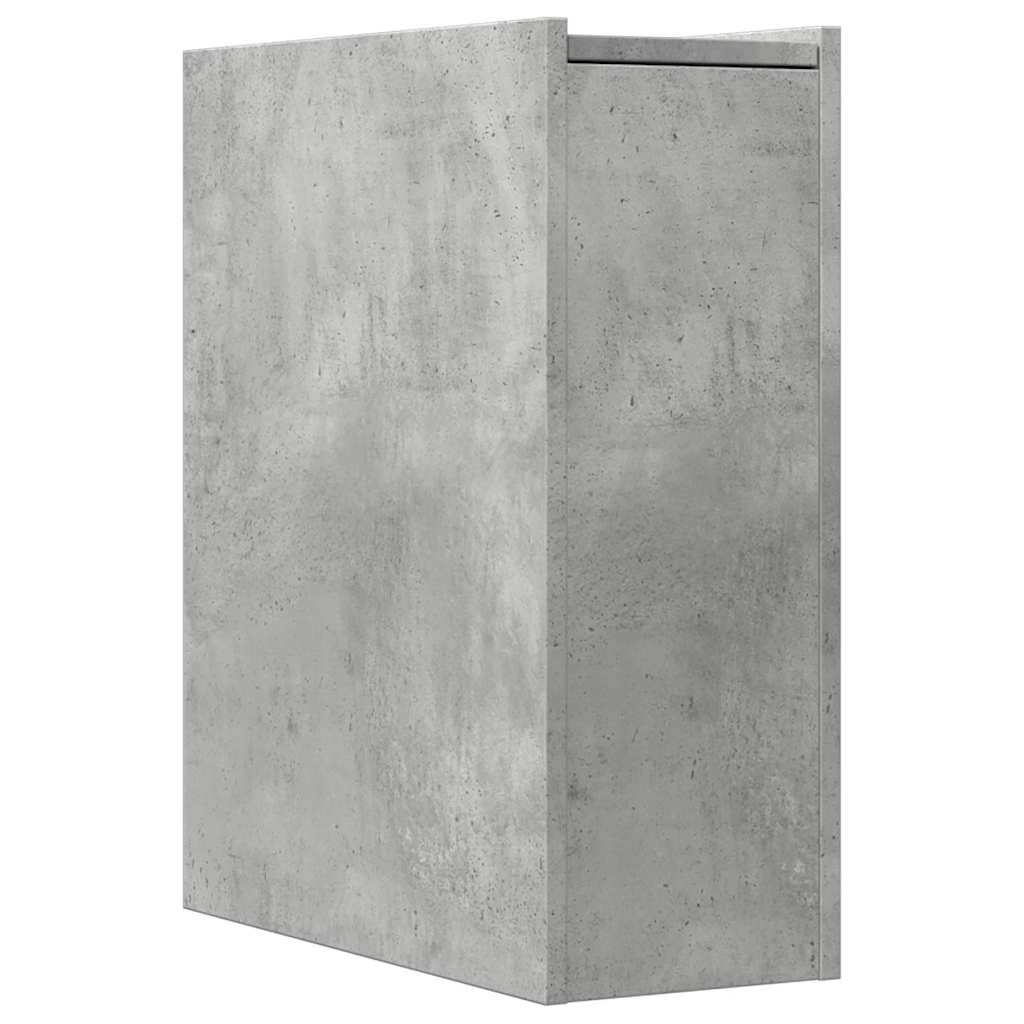 Mueble de baño estrecho con ruedas, color gris hormigón, cajones de madera, espacio de almacenamiento estrecho