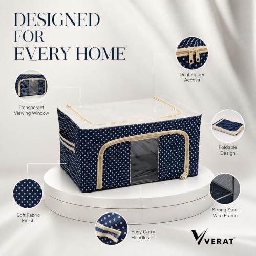 Image of VERAT 4 Pcs 24 Liters Foldable Steel Frame Cloth Organizer with Handle for Storage /Wardrobe Organizer with Zipper /Front & Top Open Almirah Organiser for Sarees /Shirts /Blankets /Clothes Bag-(Blue)