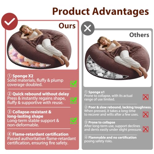 Image of 5FT,Big Bean Bag Chairs for Adults,Bean Bag with Filler Included,Memory Foam Bean Bag,Giant beanbag,Suitable for Reading Chairs in Living Room, Bedroom and Dormitory. (Brown, 5 Foot)
