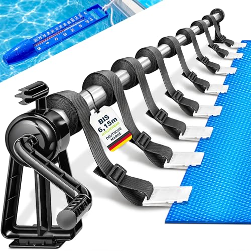 tillvex Pool Aufroller Premium 1 05-6 15 m inkl. Thermometer & Bänder | Aufrollsystem für Solarplane | Mobile Aufrollvorrichtung für Poolplane & Abdeckung | witterungsbeständiges Material