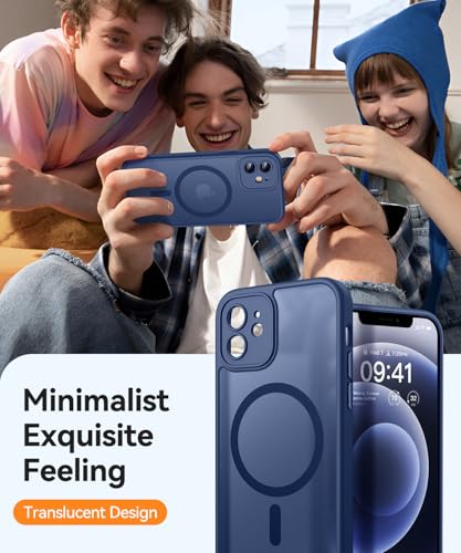 Image of CANSHN Magnetic Compatible with iPhone 12 Case, Upgraded [Full Camera Protection] [Compatible with Magsafe] [Translucent Matte] Shockproof Protective Phone Case Cover 6.1 Inch - Deep Blue