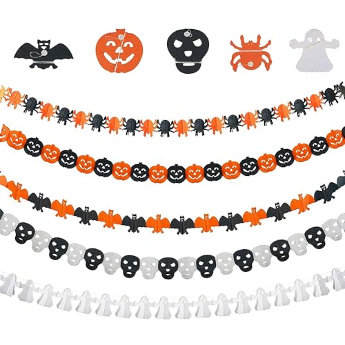5 Piezas Guirnaldas de Halloween, Decoracion Halloween Casa, Guirnalda de Araña Calabaza Calavera, Decoraciónes Fiesta de Miedo, Pancarta de Papel de Halloween, Decoración para Fiestas de Halloween