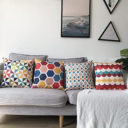ZHAOMIMI 4er Set Dekorativ Kissenhülle Baumwolle Leinen Kissenbezug Dekokissen Sofakissen für Couch, Auto, Schlafzimmer 45x45 cm (Bunt Gitter) – Bild 3