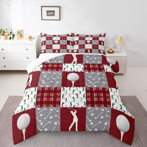 Image of Feelyou Golf Comforter Set King Size Red Plaid Buffalo Check Geometric Bedding Set for Kids Boys Girls Sports Theme Duvet Quilt Bedroom Decor Microfiber 3 Pcs with 2 Pillow Cases