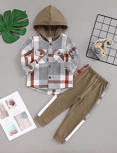 Image of Fuermos Toddler Baby Boys Clothes Flannel Lattice Button Down Hooded Tops +Pants Boys Fall Winter Outfits