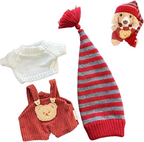 LICHADUOLE 7-inch Teddybear Christmas Outfit 16cm: 3-Piece Set (Sweater + Corduroy Overalls + Elf Hat) for Tiny Bartholomew Bear(NO Doll)