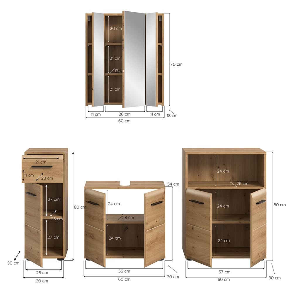 Lomadox Badezimmer Badmöbel-Set 4-teilig in Eiche, mit 2 Unterschränke, 1 Spiegelschrank mit 3D-Funktion & 1 Waschbeckenschrank