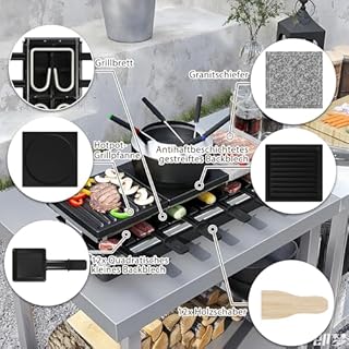 UISEBRT Raclette Grill per 12 persone, macchina da raclette 3 in 1 con padella, set per fonduta, pietra calda, 12 padelle e 12 spatole per legno, piastra per raclette antiaderente, 1650 W