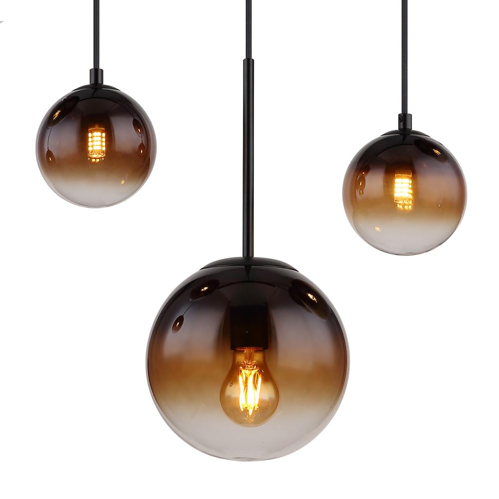 Pendelleuchte Esszimmerlampe Hängeleuchte Deckenlampe Wohnzimmerleuchte, Metall Glas amber rauchfarben schwarz, 3x E27 3x G9, 6 Flammig, H 117 cm