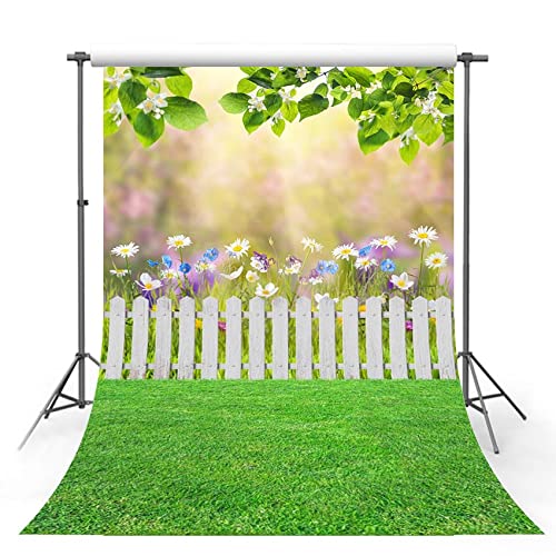 MEHOFOND 5x7ft Spring Backdrop for Photography Sun Green Leafy fence Lawn Flower Adult Child Portrait Background Baby shower Birthday Garden Party Decor Banner Studio Supplies