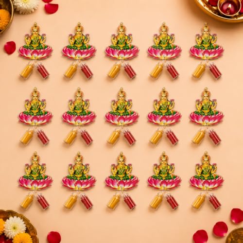 Image of CraftVatika Haldi Kumkum Return Gifts in Bulk Festive Decor, Pasupu Haldi Bottle Maa Lakshami Cutout, Thamboolam Return Gifts for Wedding, Pooja, Navratri Diwali Babyshower Gift for Family (15 Pcs)
