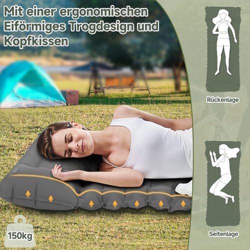 HAUSPROFI Isomatte Camping, 10cm Ultraleicht Camping Luftmatratze mit Fußpumpe & Kissen, Aufblasbare Matratze Kompakte und Leichte, Campingmatte für Wandern Strand Outdoor, Armeegrün, Grau 5