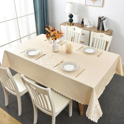 Softalker クリスマステーブルクロス正方形 90×90cm 撥水 テーブルクロス-PUレザー 防水 防汚 耐熱 防滑 - 350g/㎡ 厚手 ベージュ 北欧風 花柄 食卓カバー 波型縁デザイン桌布 家庭用/カフェ/お正月/クリスマス/パーティー/イベント用 Table cloth Waterproof
