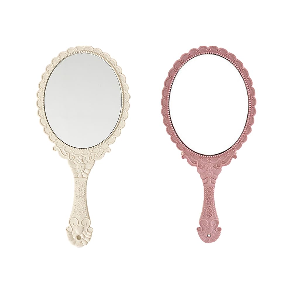 HugeDE 2 Pcs Vintage Handheld Mirrors Decorative Embossed Mirrors Portable Cute Hand Mirrors Retro Cosmetic Mirrors Vanity Makeup Mirrors with Handle Pink Beige
