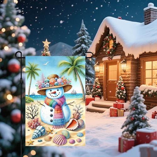 Image of BlissYard Winter Garden Flag Beach Snowman Coastal Scene 12 x 18 Inch