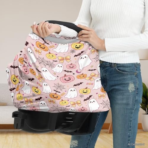 Image of Wanyint Nursing Cover Carseat Canopy Cover Adorable Car Seat Covers for Babies Girls Boys Breathable Nursing Cover for Boys Girls Halloween Decor, Cute Ghost Pumpkin Cobweb Pink