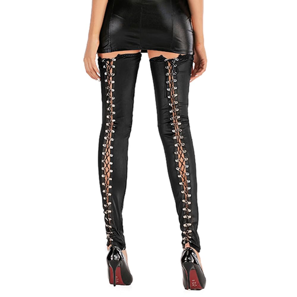 SPICYKISS Legging en cuir synthétique à lacets pour femme - Style gothique punk - Style rock-club
