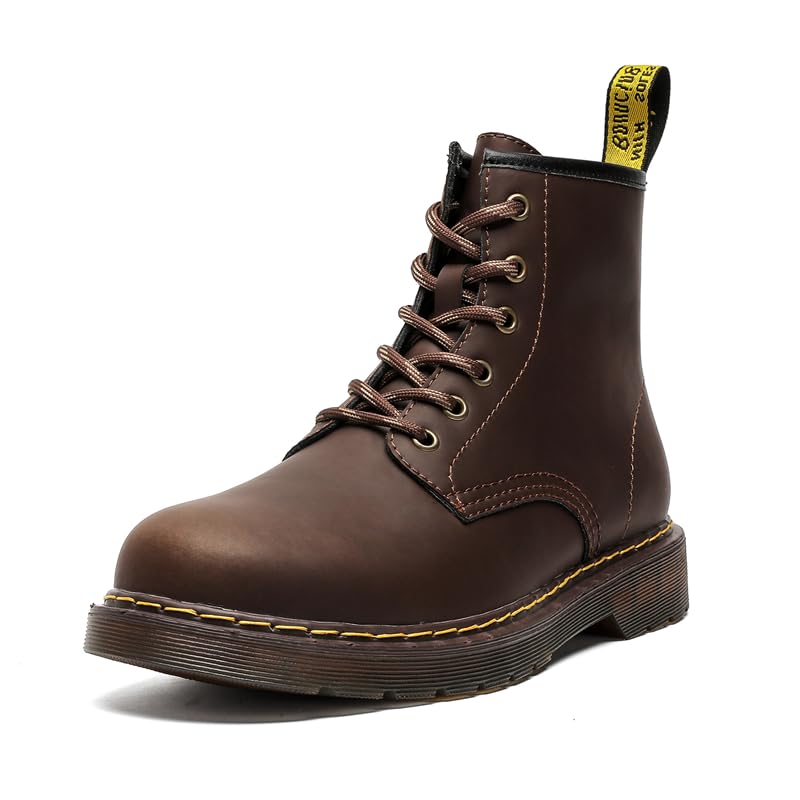 Classic Combat Boots, 8-Eye Lace-Up, Yellow Stitching, Black and Brown2