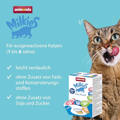 animonda Milkies Katzensnack mit Milch - Cups Selection Mixpack (20 Cups à 15 g), leicht verdauliche Katzenmilch für Erwachsene Katzen, Milch-Snack ohne Soja und Zucker